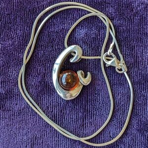 Vintage 925 Sterling Silver Abstract Openwork Necklace With Amber Gemstone
